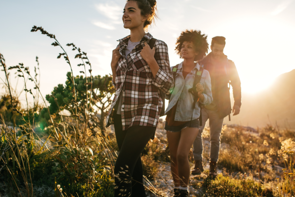 Three hikers walking through a sunlit grassy field at sunset